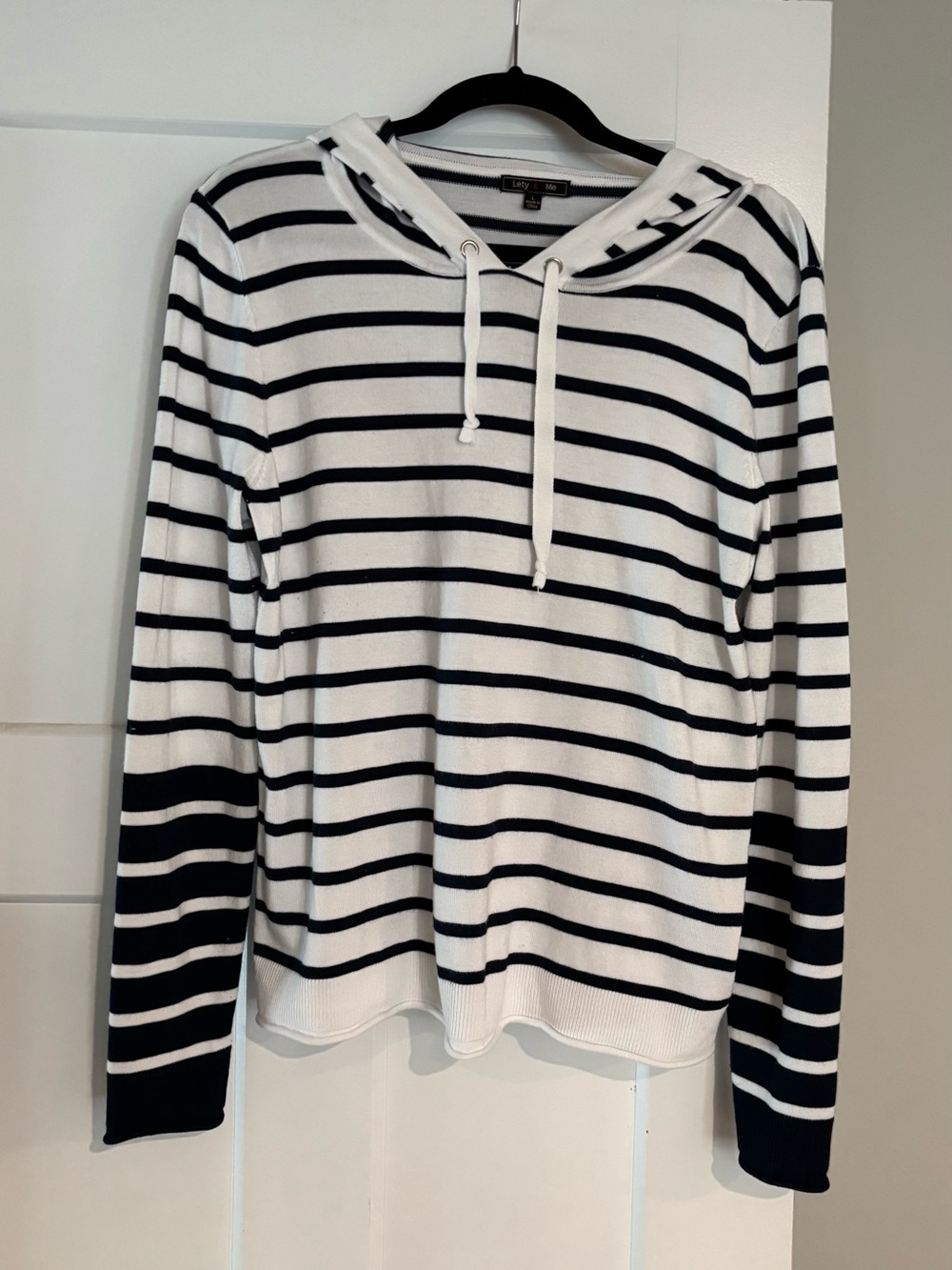 Lety $ Me Women's White & Navy Striped Hooded Lightweight Sweater